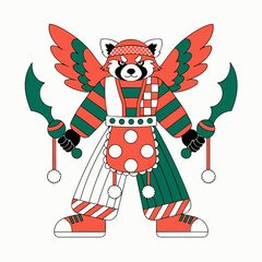 Naklejka premium A colorful cartoon red panda dressed in a festive holiday outfit with wings and accessories