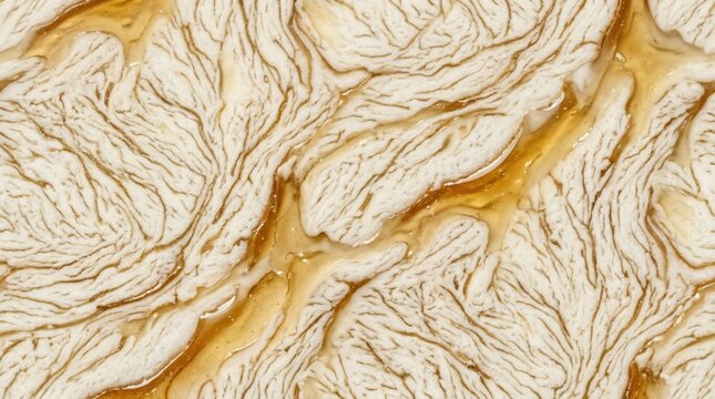 Macro coconut cream separation with golden oil channel veins. Tropical milk texture background concept.