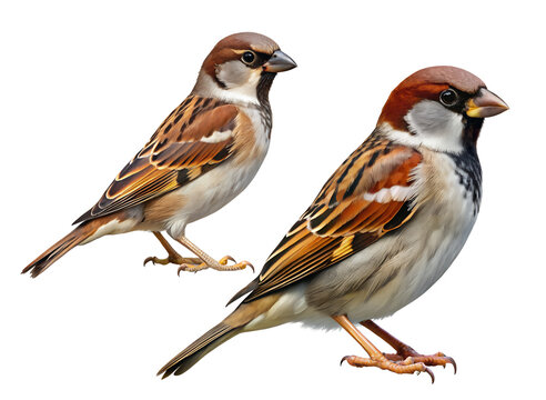 Two House Sparrows Isolated on Transparent Background