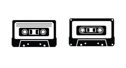 Naklejka premium Two black and white illustrations of vintage audio cassette tapes