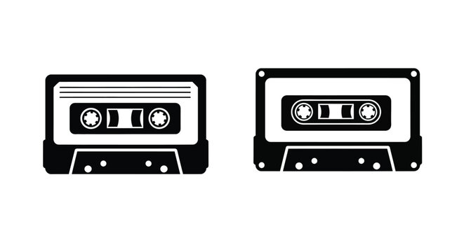 Two black and white illustrations of vintage audio cassette tapes