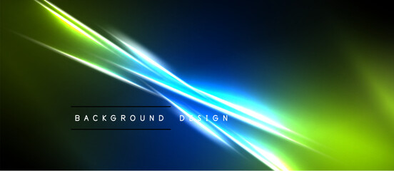Naklejka premium Abstract background features vibrant light streaks. Green, blue hues dominate dark space. Modern design element.