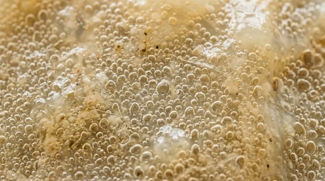 Closeup of kombucha fermentation bubbles under scoby film. Fermented tea texture background concept.