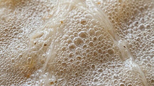 Macro texture of kombucha fermentation with micro bubbles and cellulose strands. Probiotic drink background concept.