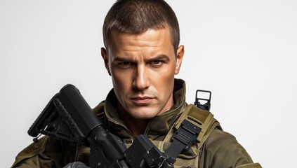 Fototapeta premium Elite soldier armed with a rifle on a white backdrop