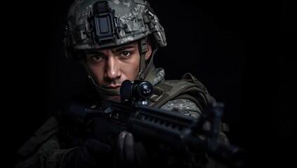 Fototapeta premium Elite soldier stands with a firearm against a dark backdrop