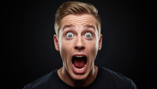 Eerie image of a terrified young Caucasian man against a dark backdrop, with space for advertising. Expressive face reflecting human emotions, engaged with horror media