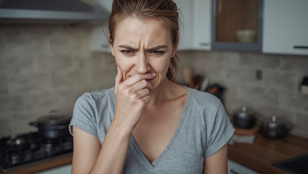 Displeased homemaker repulsed by bad kitchen odor