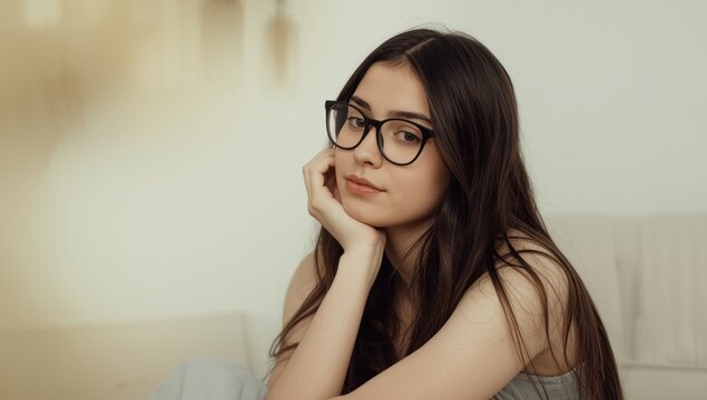 Dark-haired girl in glasses deep in thought