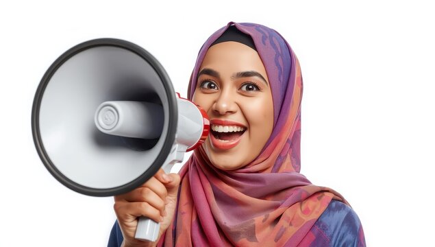 Energetic young Muslim woman in hijab using a megaphone, set against a white backdrop. Theme of Ramadan and Eid Mubarak