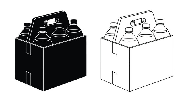 Black and white illustration of a six pack carrier with bottles
