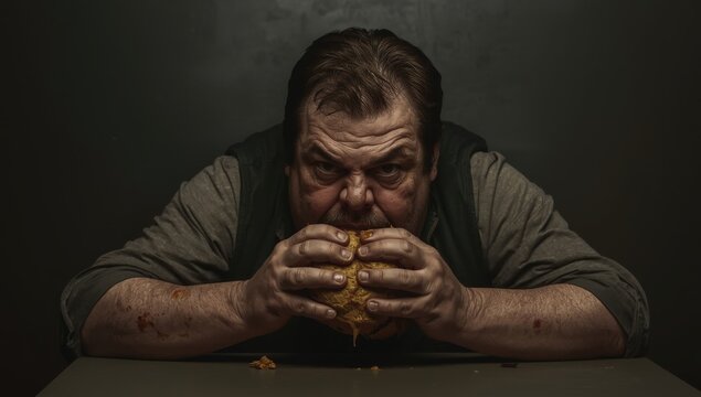 Isolated overweight man consuming a burger. Poor dietary choices