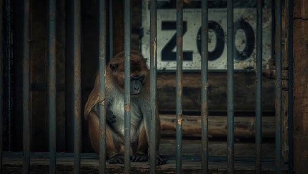 Isolated monkey in a zoo cage