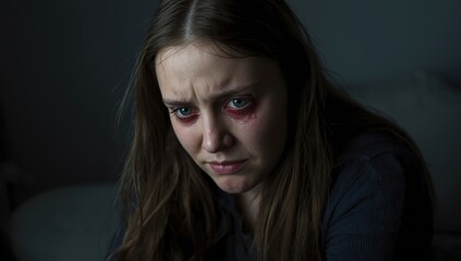Fototapeta premium Lonely girl weeping in darkness; distressed woman overwhelmed by negative emotions