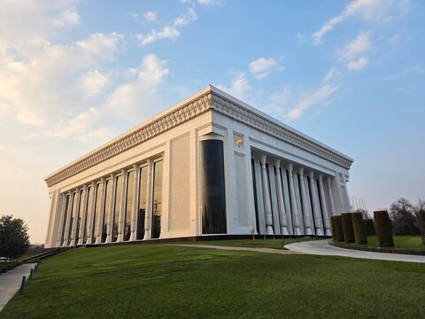 Corner of the Palace of International Forums Uzbekistan at Dusk in Tashkent, Uzbekistan