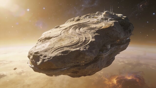 Futuristic floating asteroid colony with simplex wind-carved stone patterns under soft sunlight in space landscape