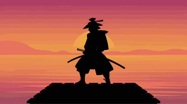 Contemplative samurai standing by water at dusk &ndash; Suitable for leadership coaching, historical themes, or wall art.
