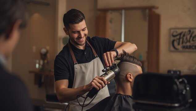 Man hairstylist using clippers on client in barbershop