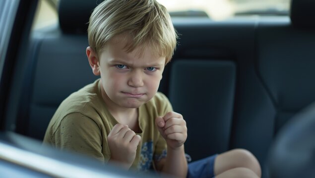 The frustrated five-year-old boy scowled in the car