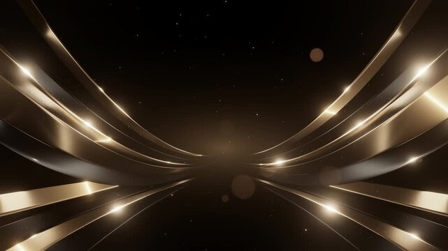 3D render elegant abstract background featuring curved gold black metallic ribbons glowing particles lens flares. Luxury cinematic motion backdrop ideal for premium awards gala events.