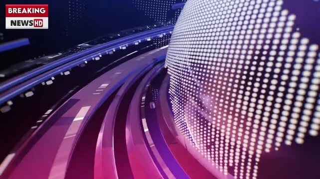 A futuristic video studio with a breaking news theme and a purple and blue color scheme