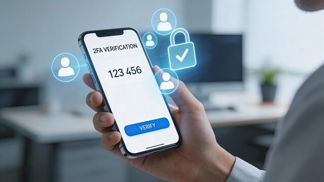 Businessman using smartphone for two factor authentication digital security concept 2fa verification code mobile app login cyber protection data privacy modern office background technology