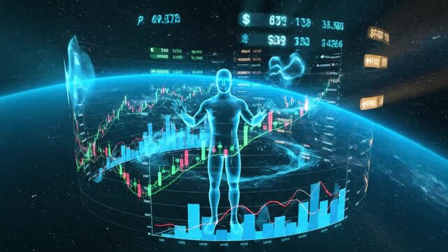 A futuristic human figure presents global data analytics and statistics on a neon-lit interface.