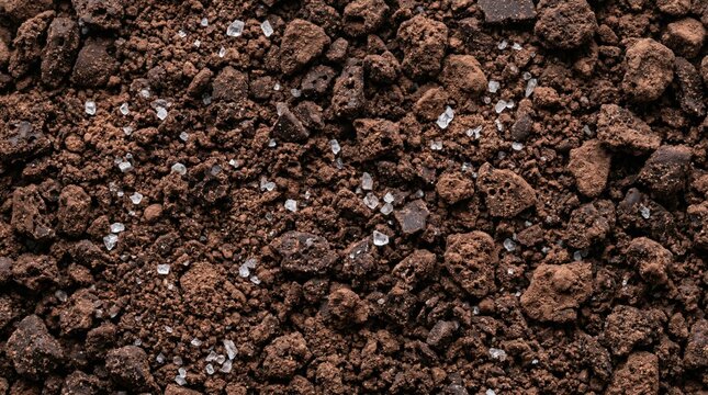 Chocolate crumb macro background with coarse sea salt. Sweet salted topping texture concept.