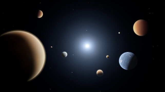 Solar system planets orbiting bright central star in deep space background