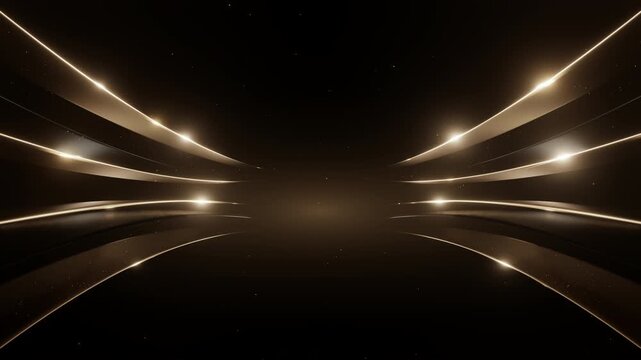 3D render elegant golden glowing curved lines black background luxury cinematic lighting particles motion effect. High quality abstract backdrop stage awards gala corporate event.