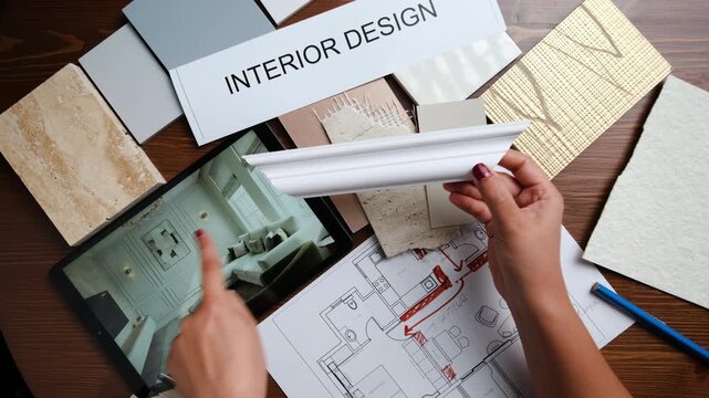 Architect workspace with material samples, layout drawings and interior design mood board