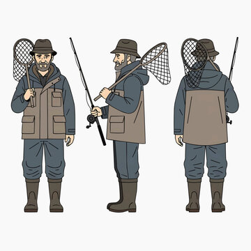 Fisherman Character Turnaround Sheet with Fishing Rod and Net