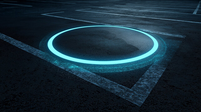 Glowing blue wireless induction charging pad for electric vehicles on asphalt.