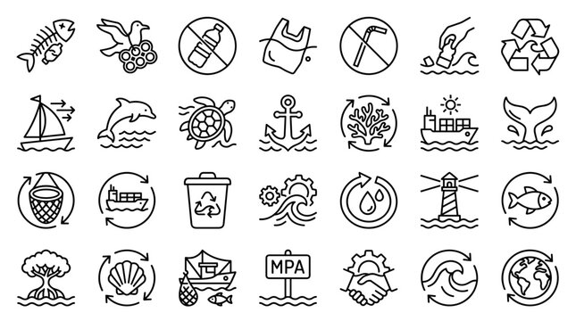 Ocean conservation icons set marine life protection pollution control and sustainable ecosystem management concepts