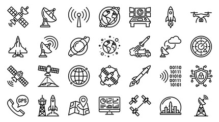 Collection of technology and space exploration icons including satellites rockets drones and communication systems representing innovation and global connectivity © Iconique Studio