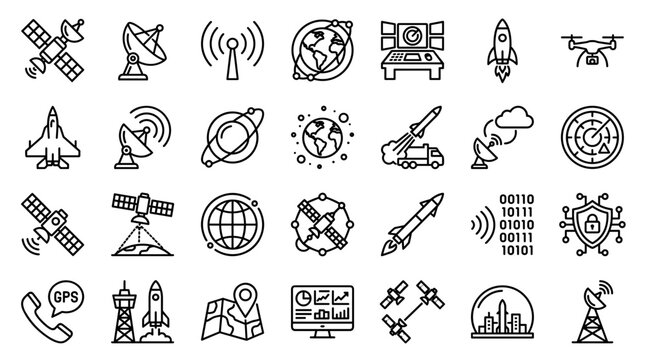 Collection of technology and space exploration icons including satellites rockets drones and communication systems representing innovation and global connectivity