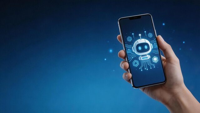 Hand holding smartphone with robot graphic