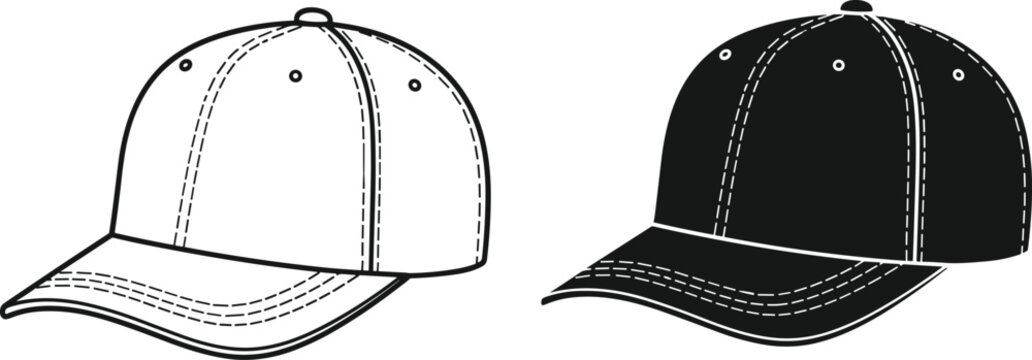 Baseball cap vector template set with outline and black silhouette views isolated on white for apparel design branding mockup and streetwear fashion merchandise