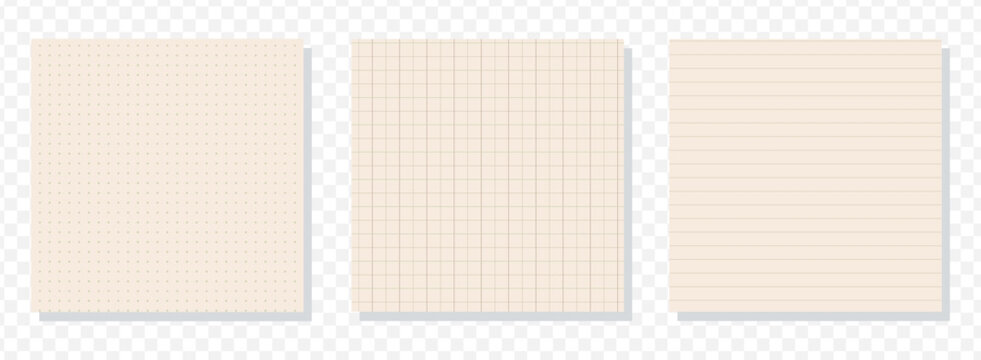 Set of three paper sticky notes with dot grid and lined patterns on transparent background