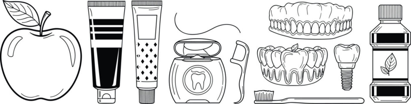Black and white dental hygiene illustration featuring apple, toothpaste tubes, dental floss, flosser, dentures, implant, toothbrush, and mouthwash oral care design