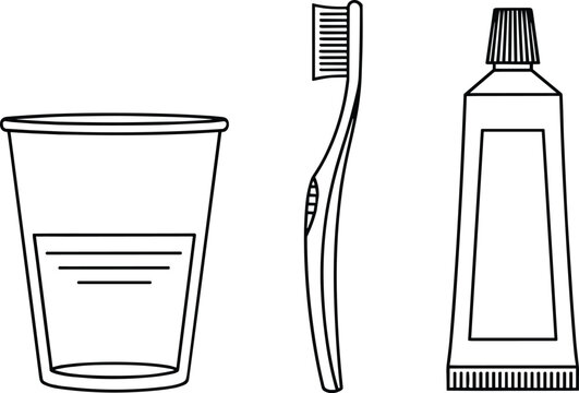 Black and white dental hygiene illustration featuring toothbrush, toothpaste tube, and drinking cup with liquid, oral care health routine clean design concept