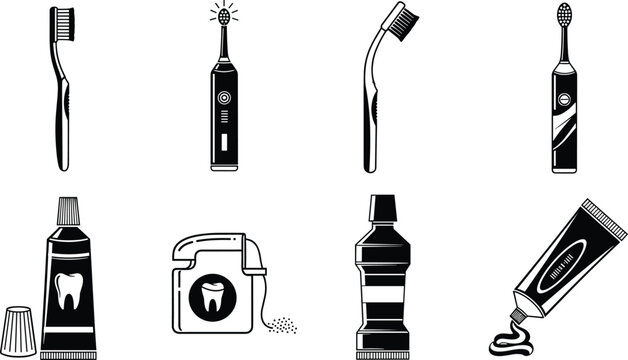 Black and white silhouette illustration of dental hygiene items including toothbrushes, toothpaste, dental floss, and mouthwash, oral care health routine design