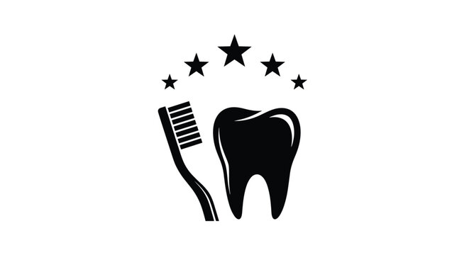 Black silhouette dental care logo featuring toothbrush and tooth with five stars above, oral hygiene cleanliness quality dentistry health design concept