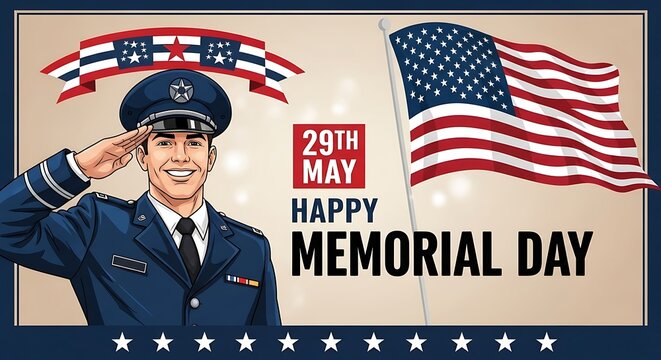 Military Soldier Saluting American Flag Memorial Day Illustration Vector Art