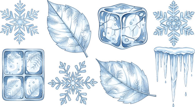 Vector Illustration Collection of Frozen Winter Elements with Snowflakes and Ice Cubes