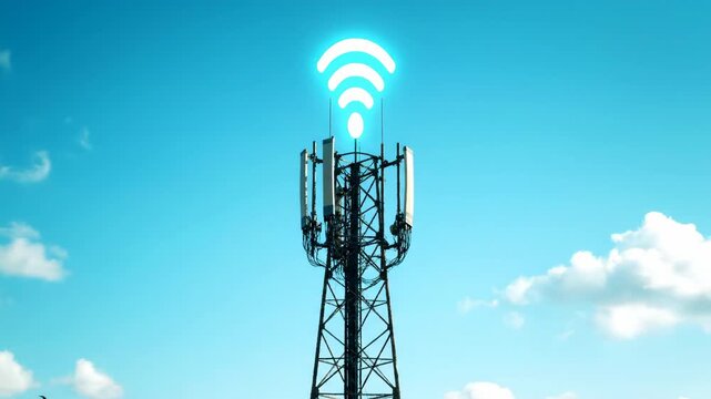 A cellular tower stands tall against a vibrant blue sky dotted with white clouds. A glowing wifi symbol emanates from the top, representing wireless communication and connectivity.