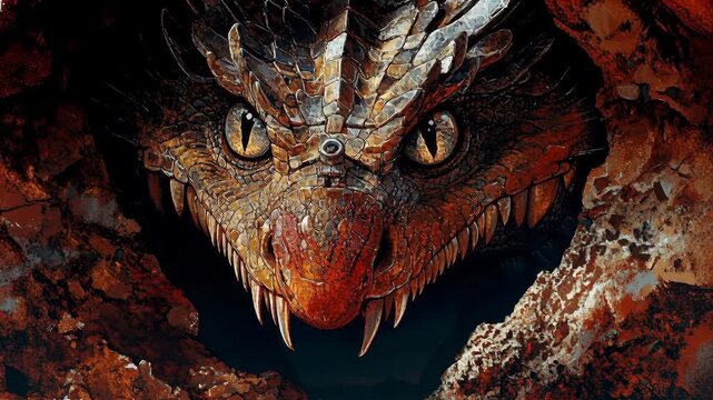 Fierce Dragon Face Emerging From Dark Cave