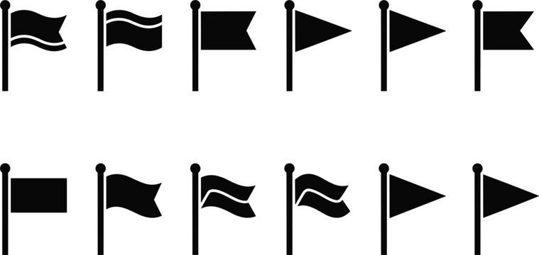Black flag icon set with various shapes and wave styles on poles for map markers, notification signs, finish lines, and navigation UI elements.
