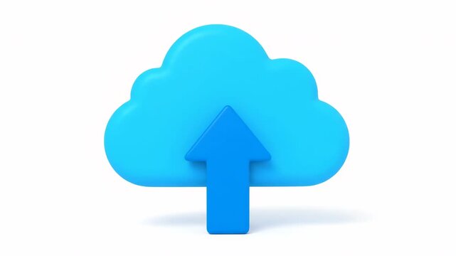 A bright blue cloud symbol with an upward pointing arrow is displayed against a clean white background. Represents cloud storage and data upload.