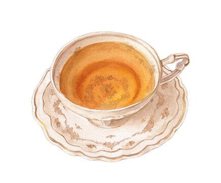 Watercolor Illustration of a Vintage Teacup with Tea